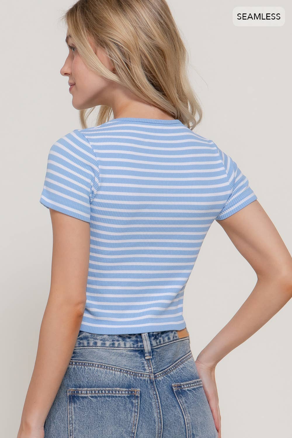 Short Sleeve Crew Neck Stripe Rib Knit Top