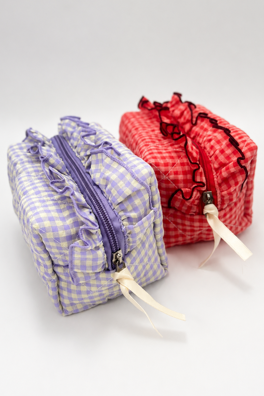 Gingham Ruffled Quilted Cosmetic Bag Pouch