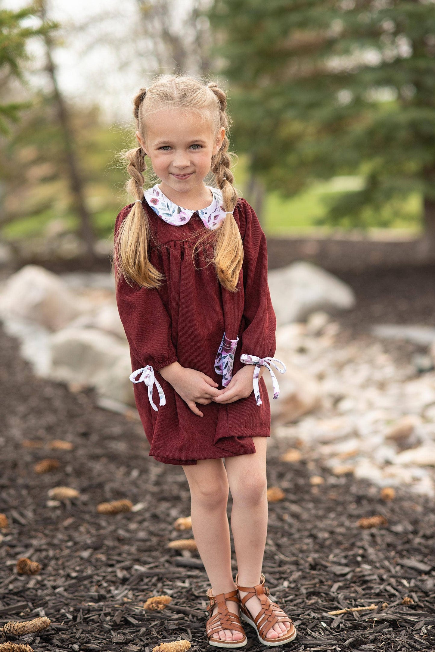 Kids Wine Burgundy Corduroy Pocket Bow Fall Winter Dress