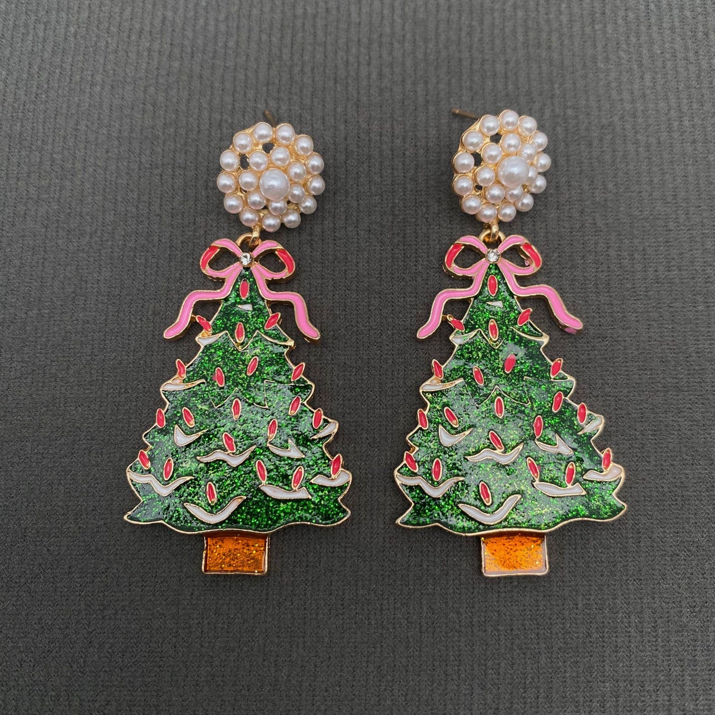 Pink Bow Christmas Tree Earrings