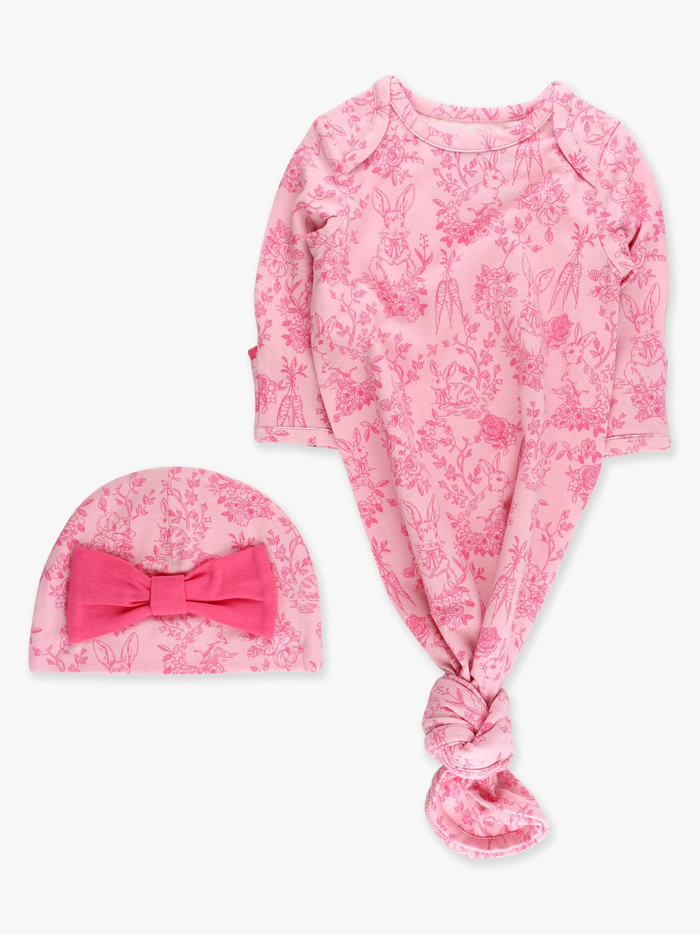 SoftSnooze™ Baby Girls Cotton Modal Pink Cottontail Toile Ruffle Knotted Sleep Gown & Bow Hat Set