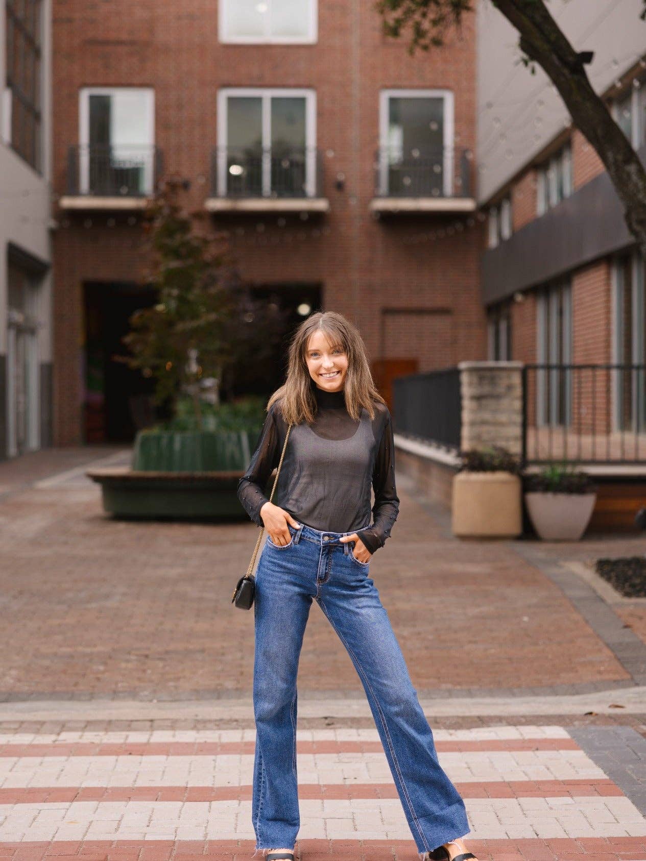 Mock Neck Mesh Top with Pearl Detail, Black