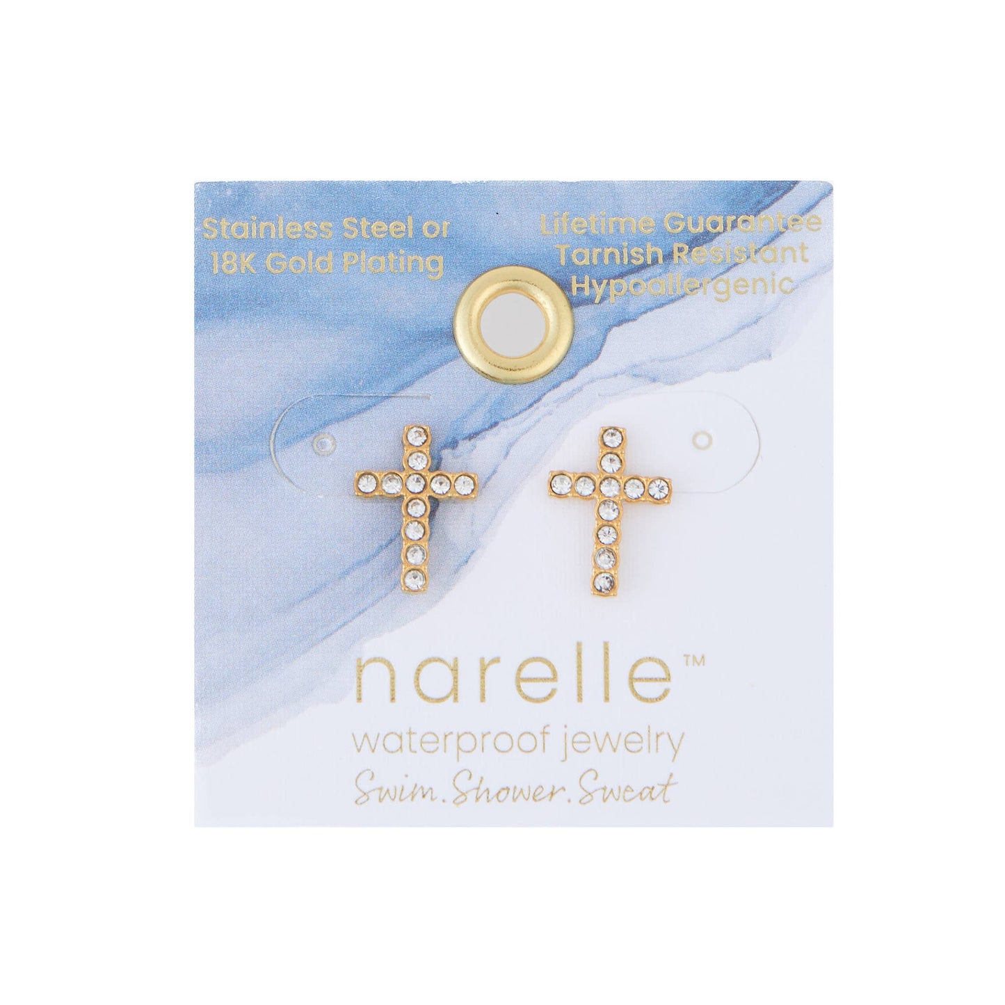 Waterproof Earrings Pave Cross Stud Gold & Steel Narelle