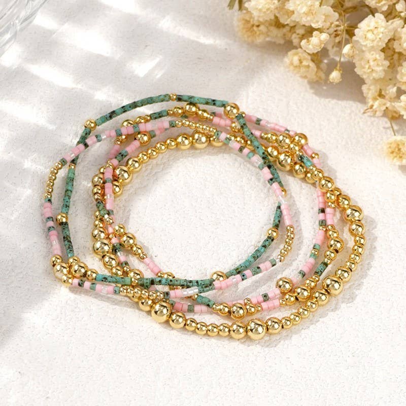 Pink & Green Beaded Bracelet Set