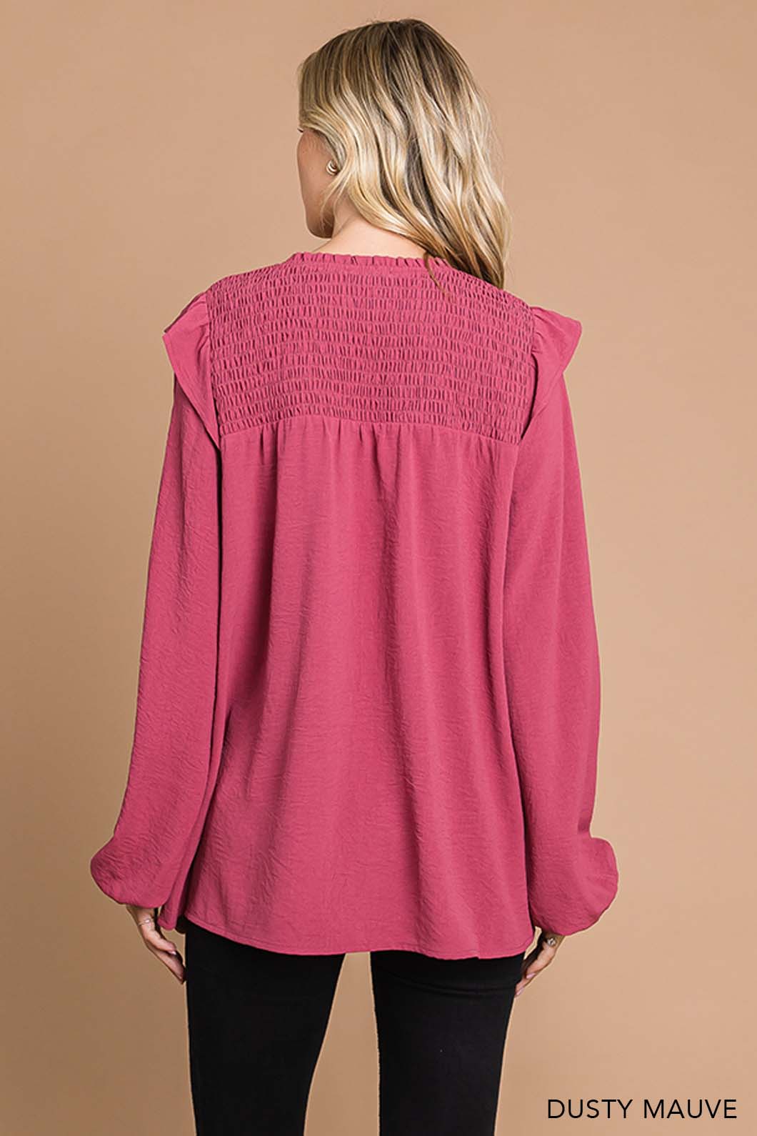 Smocking Detailed Ruffle Shoulder Top