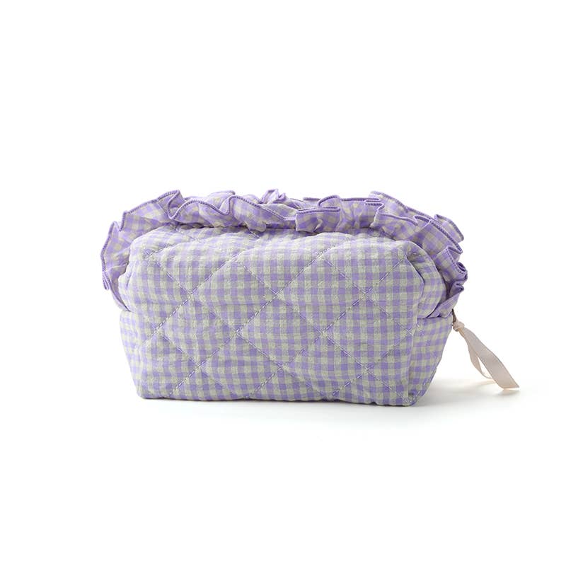 Gingham Ruffled Quilted Cosmetic Bag Pouch
