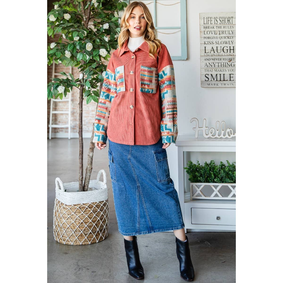 Contrast Pattern Corduroy Shacket