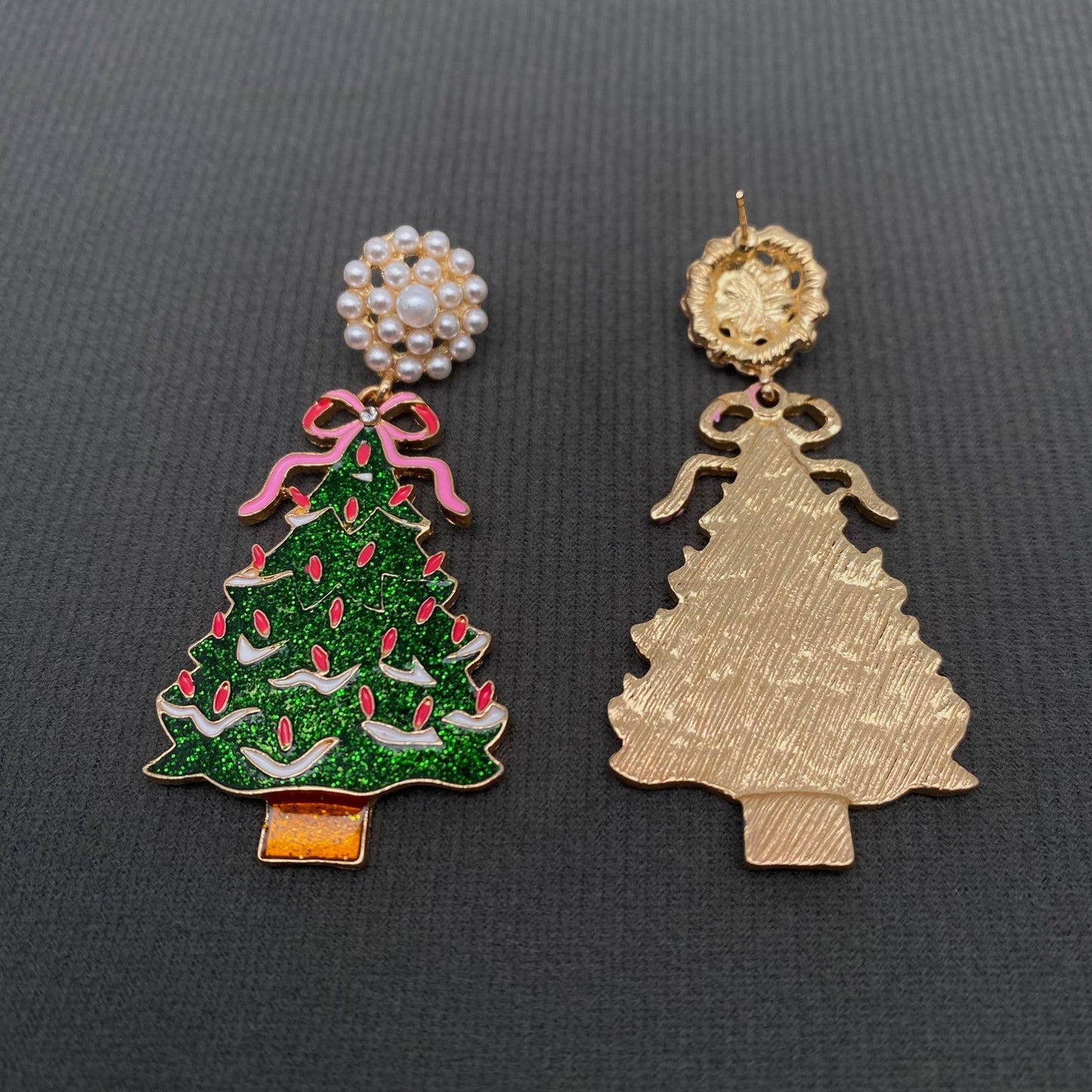 Pink Bow Christmas Tree Earrings