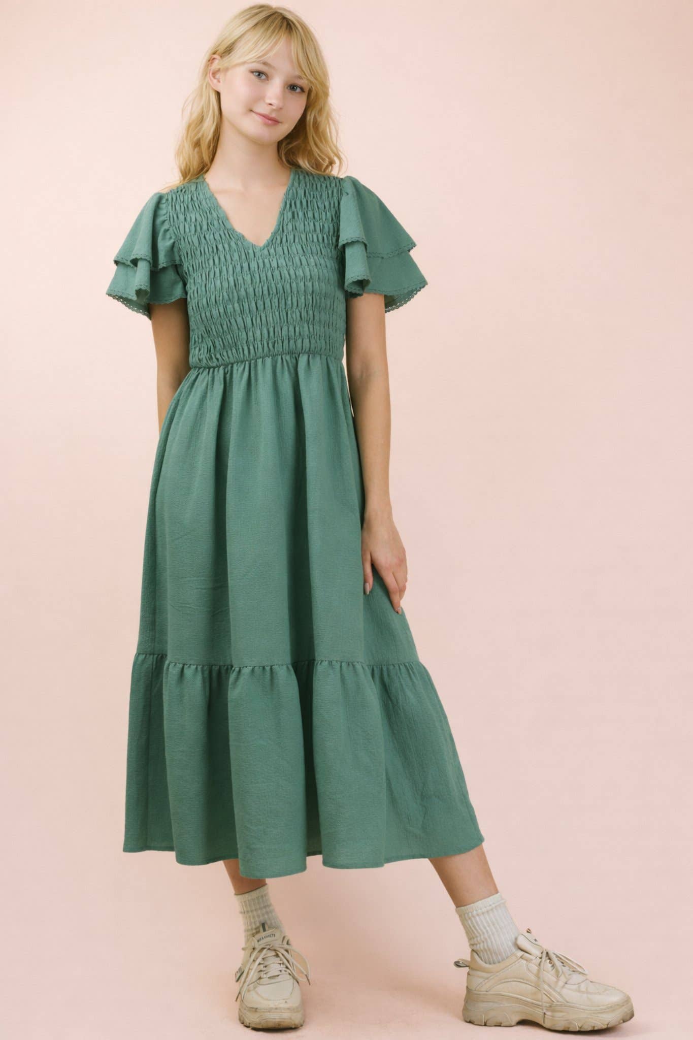 Smocked Ruffle Sleeve Midi Dress