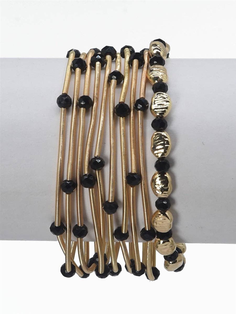 Set of 10 Gold Wired Stretch Bracelets with Black Crystals