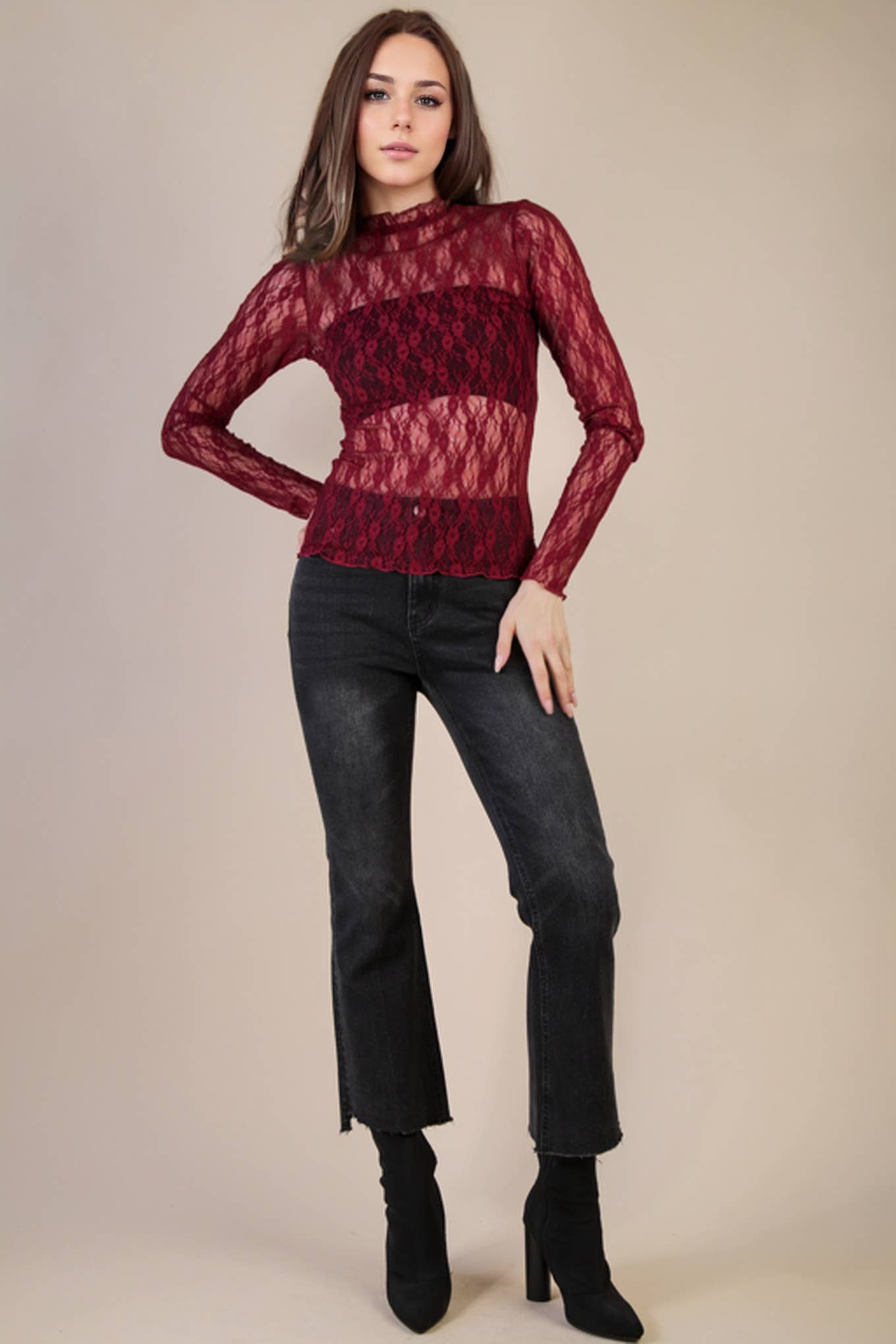 Fitted Sheer Mesh Lace Knit Top