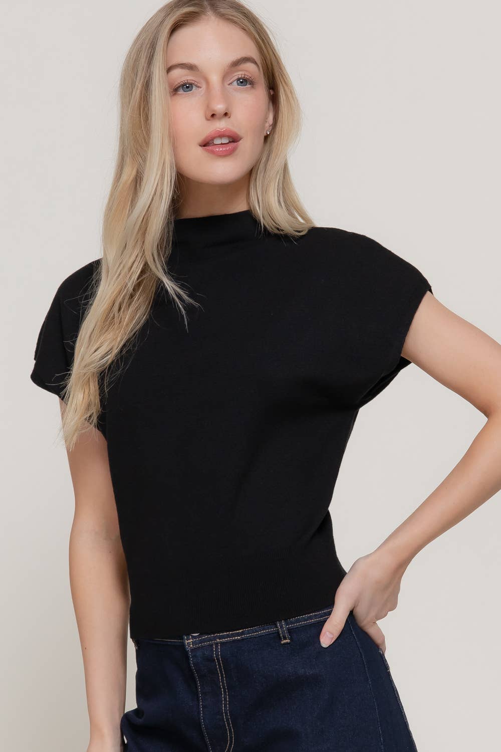 Cap Sleeve Mock Neck Sweater Top