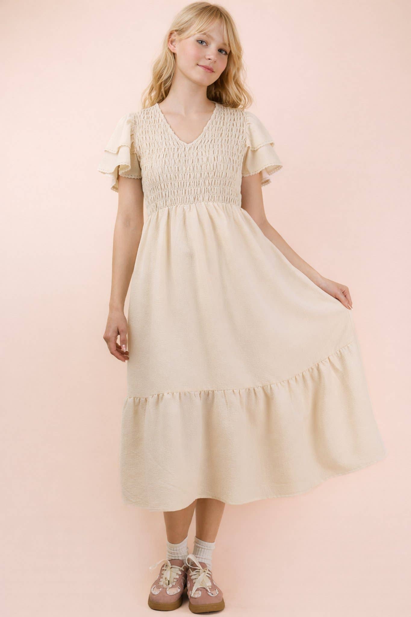 Smocked Ruffle Sleeve Midi Dress