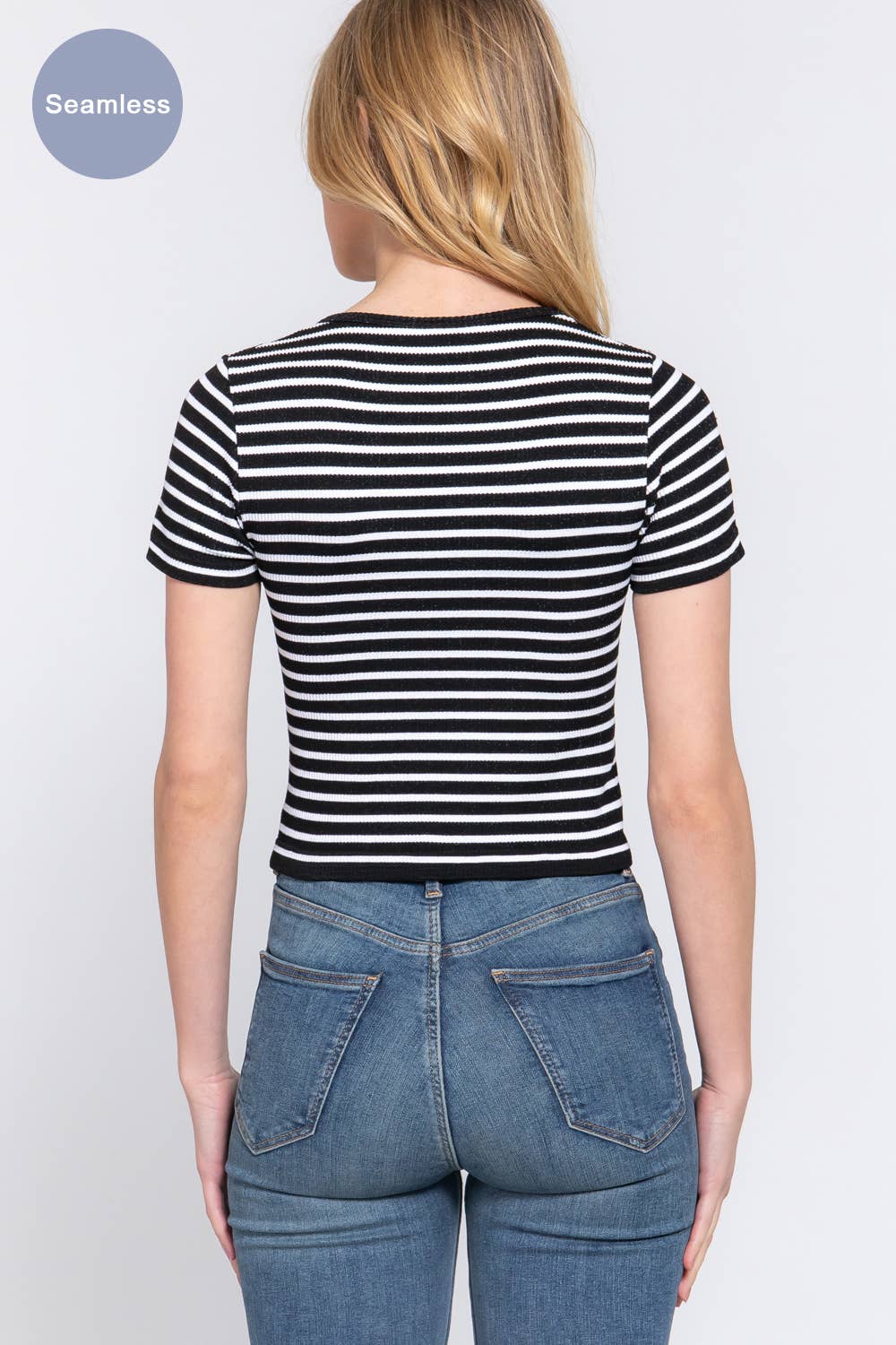 Short Sleeve Crew Neck Stripe Rib Knit Top
