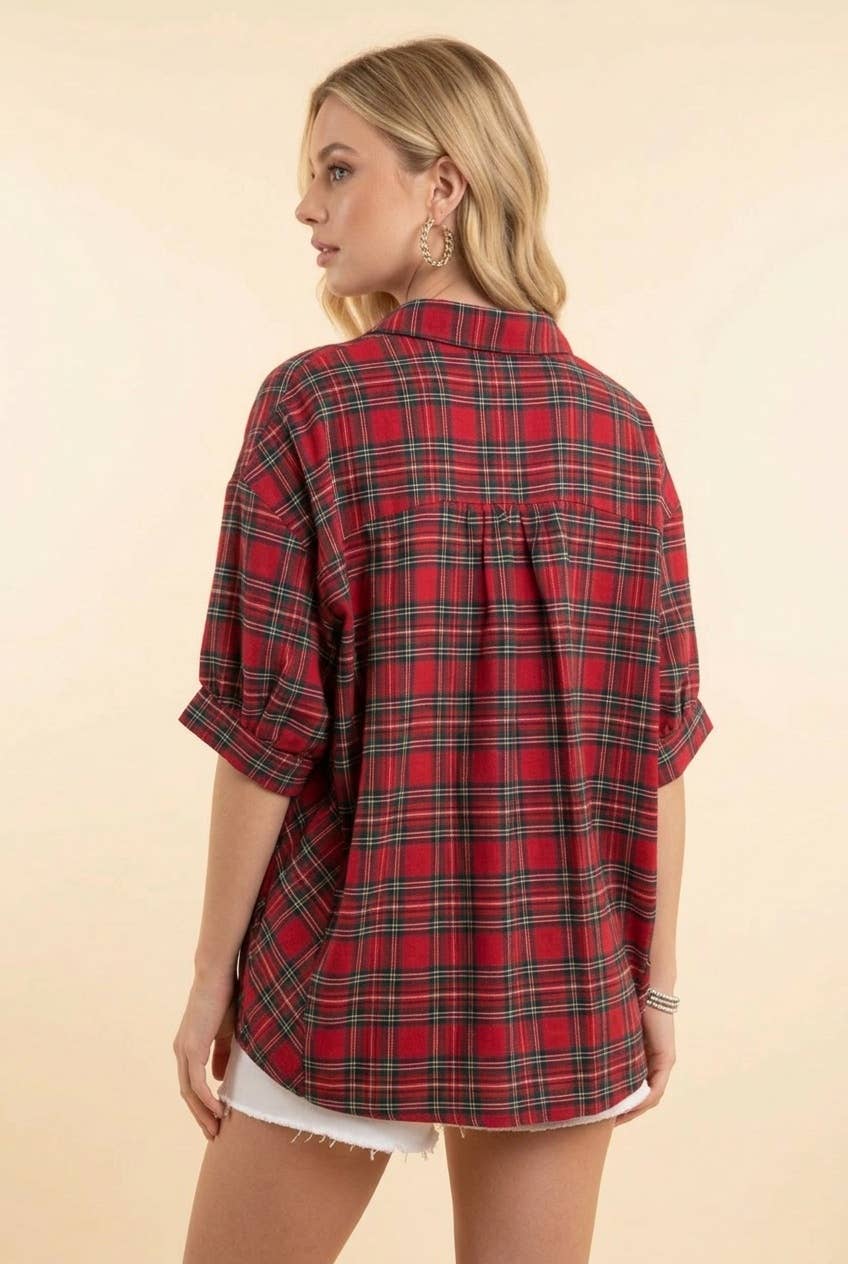 Plaid Button Front Collared Short Sleeve Shirt