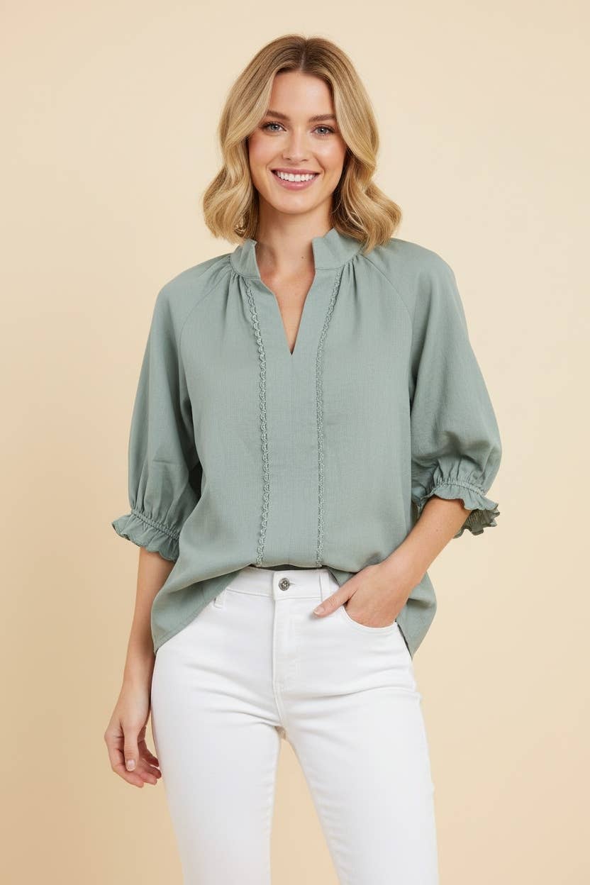 Scalloped Trim Puff Sleeve Split Neck Blouse