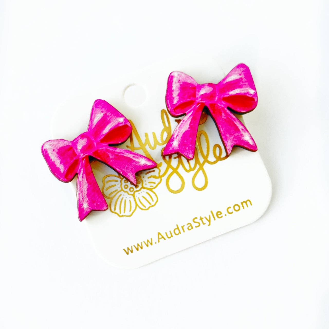 Heart Stud Earrings - Pink Bow