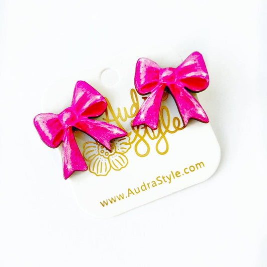 Heart Stud Earrings - Pink Bow
