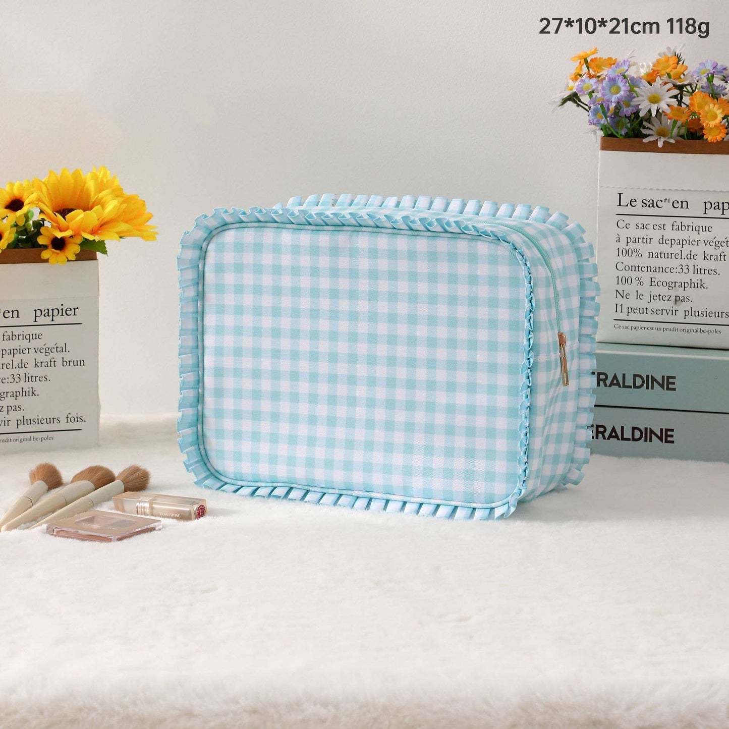 Gingham Ruffle Cosmetic Bag