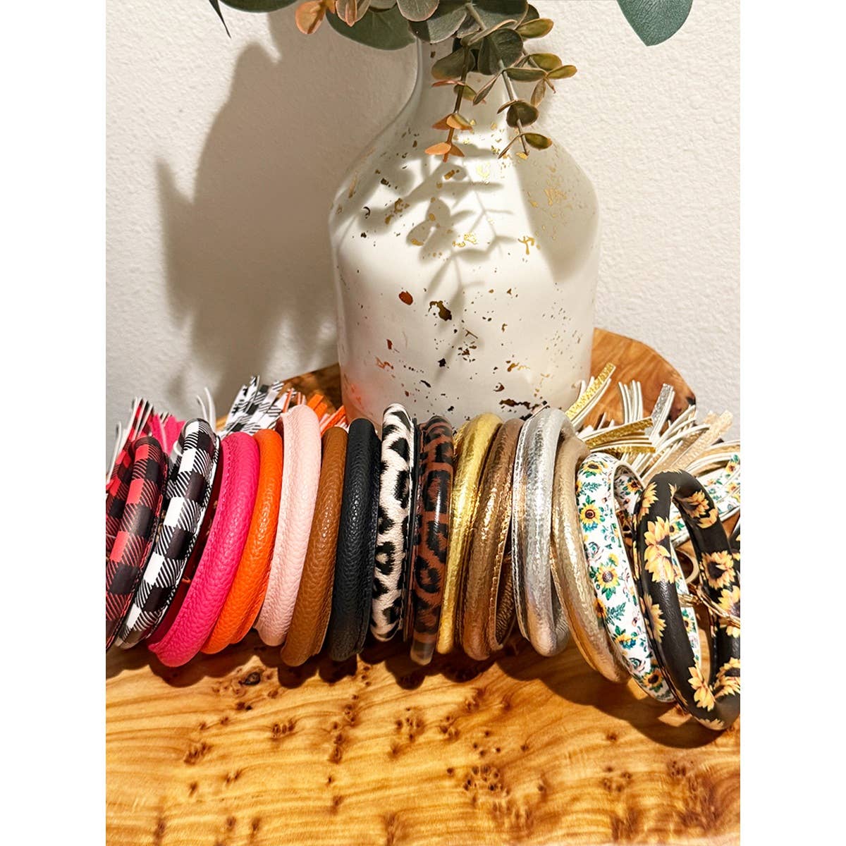 Solid PU Leather Wristlet Bangle Key Chain