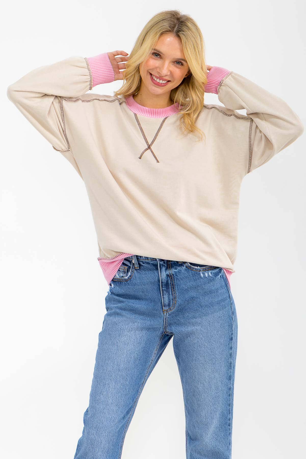 Contrast Trim Exposed Seam Sweatshirt