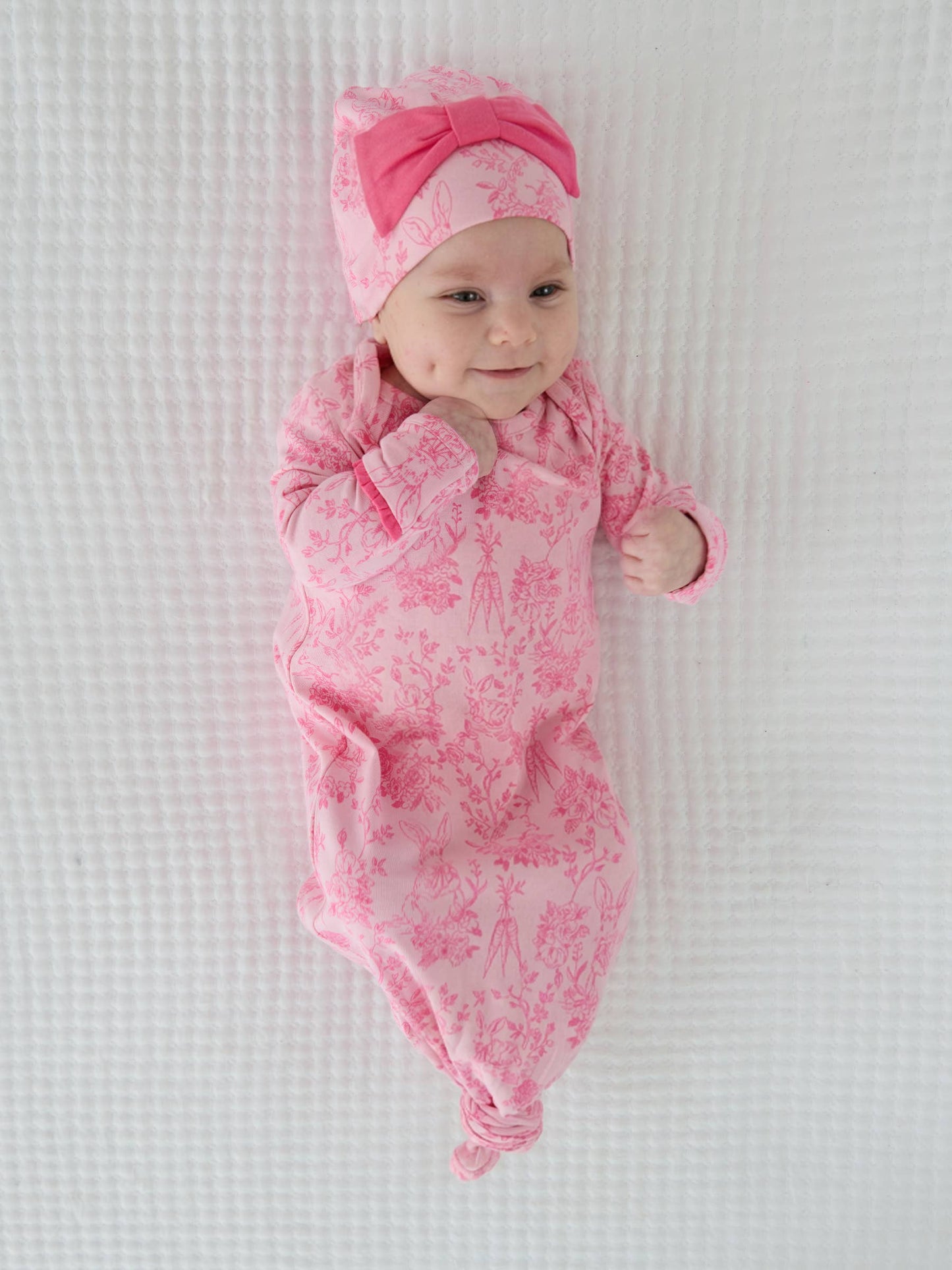 SoftSnooze™ Baby Girls Cotton Modal Pink Cottontail Toile Ruffle Knotted Sleep Gown & Bow Hat Set
