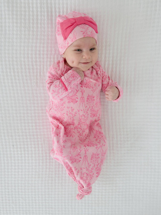 SoftSnooze™ Baby Girls Cotton Modal Pink Cottontail Toile Ruffle Knotted Sleep Gown & Bow Hat Set