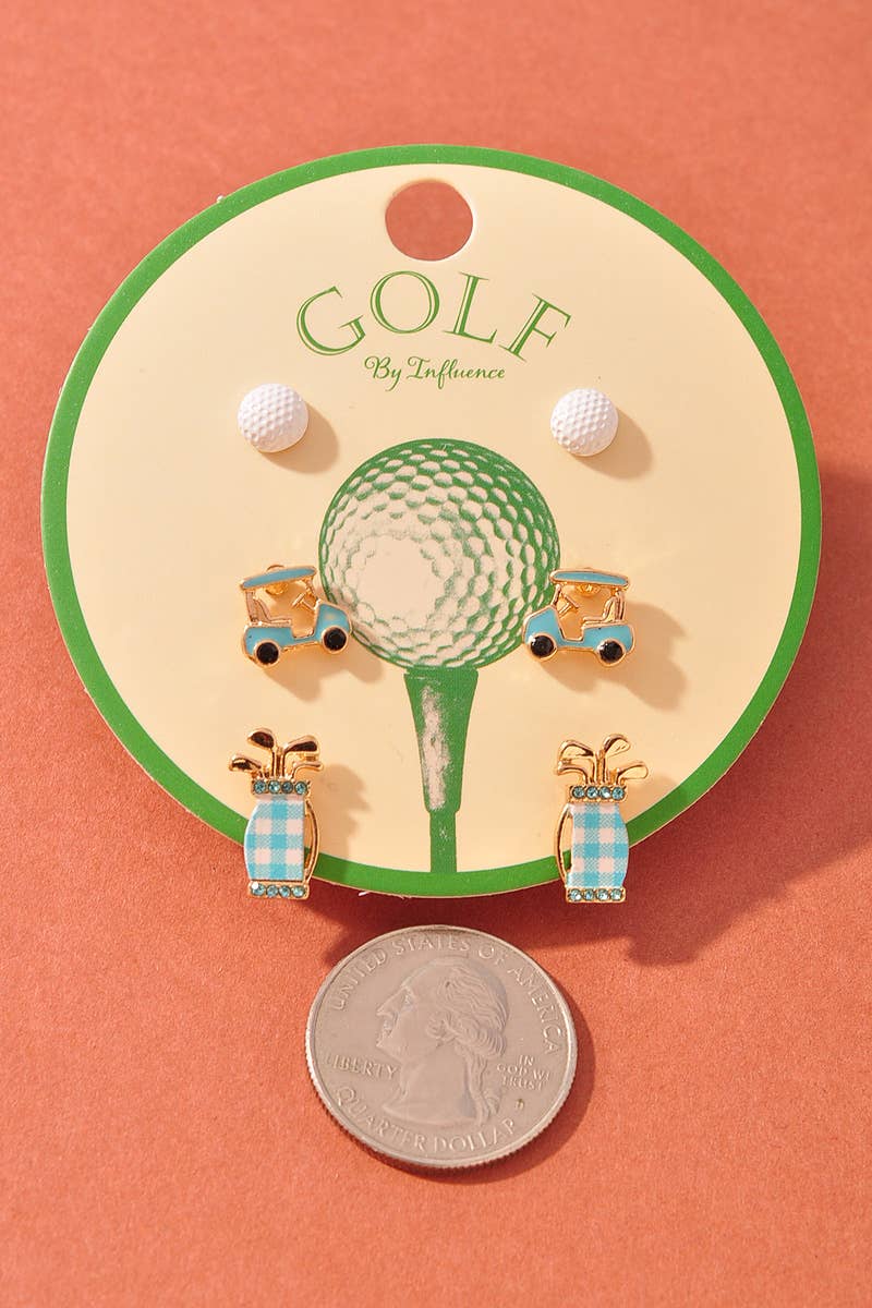 GOLF BALL, CART AND BAG 3 SET EARRINGS