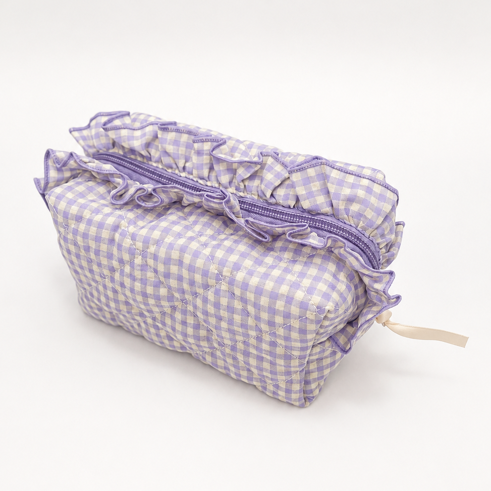 Gingham Ruffled Quilted Cosmetic Bag Pouch