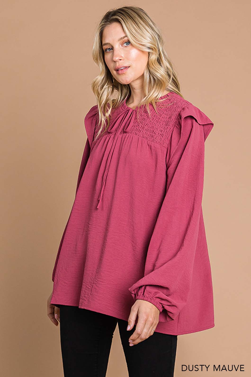 Smocking Detailed Ruffle Shoulder Top