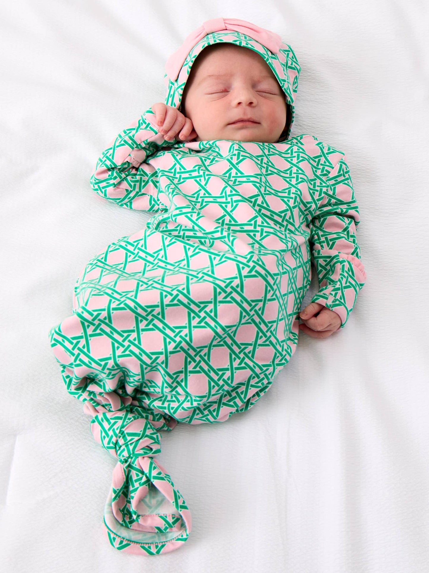 SoftSnooze™ Baby Girls Cotton Modal Pink Coastal Cane Ruffle Knotted Sleep Gown & Bow Hat Set