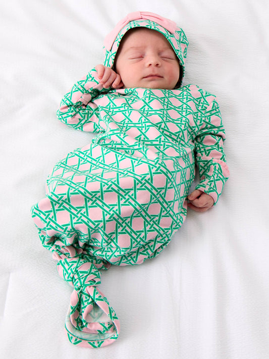 SoftSnooze™ Baby Girls Cotton Modal Pink Coastal Cane Ruffle Knotted Sleep Gown & Bow Hat Set