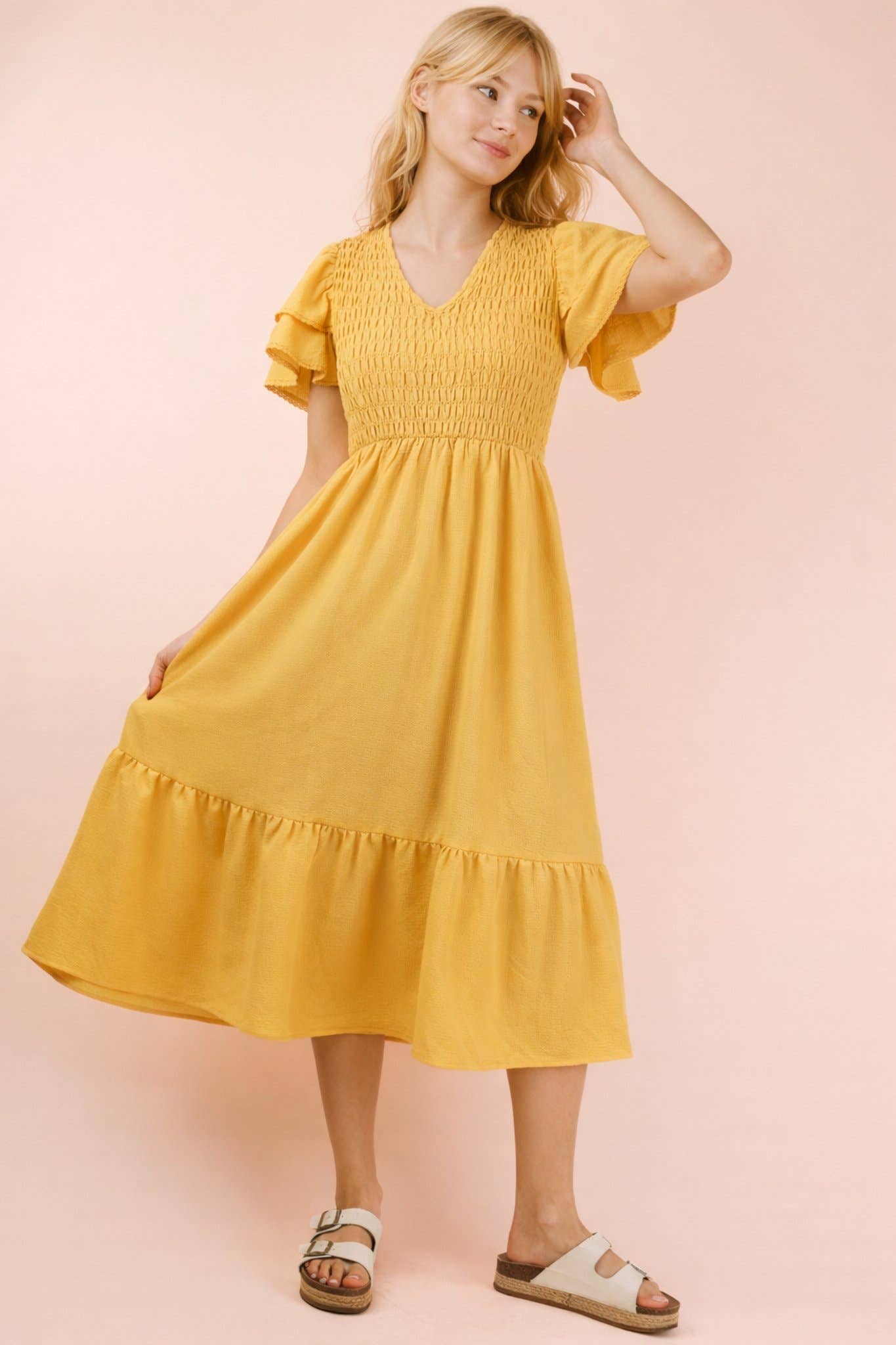 Smocked Ruffle Sleeve Midi Dress