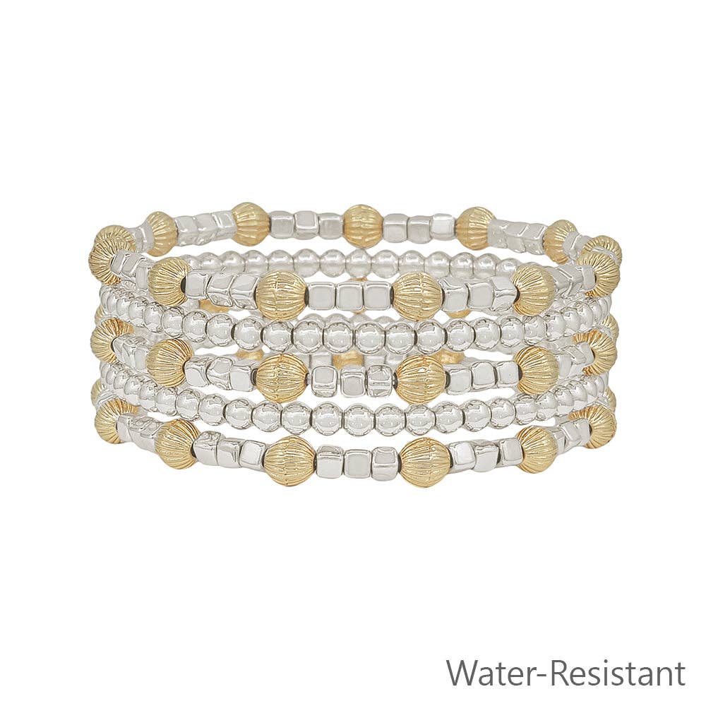 Water Resistant Silver and Gold Beaded with Cross Set of 5 Stretch Bracelets