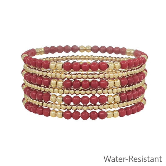 Maroon and Gold Beaded Set of 7 Stretch Bracelets
