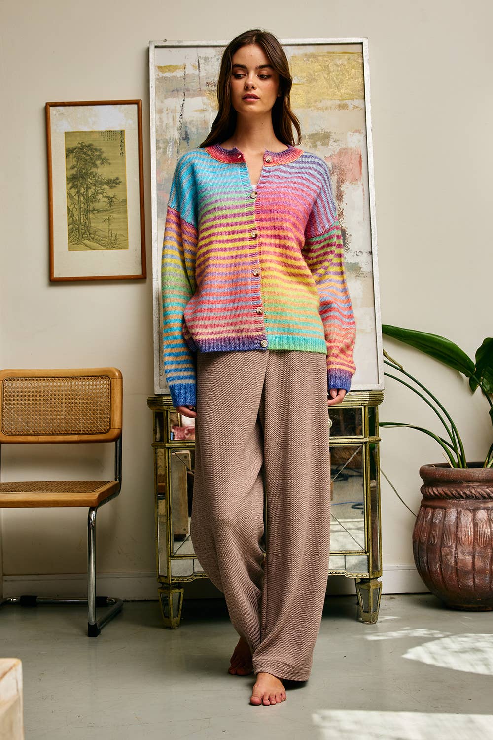 Space-Dye Striped Button-Down Cardigan