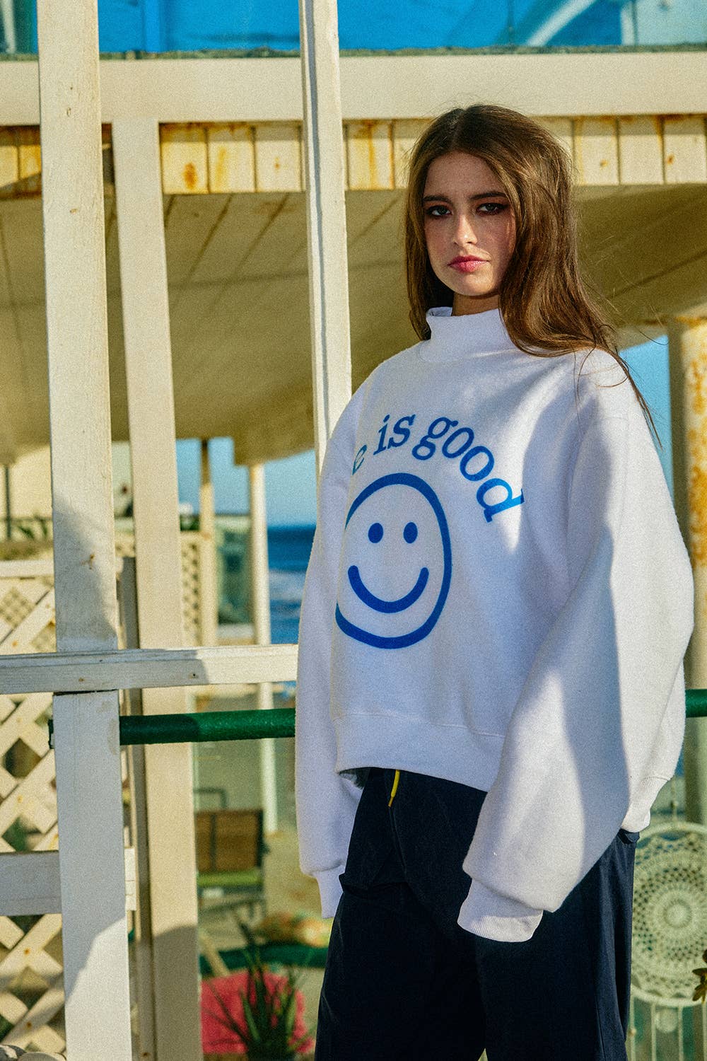You Are Exactly Where You Need To Be/Life Is Good Reversible Graphic Mock-Neck Crop Sweatshirt