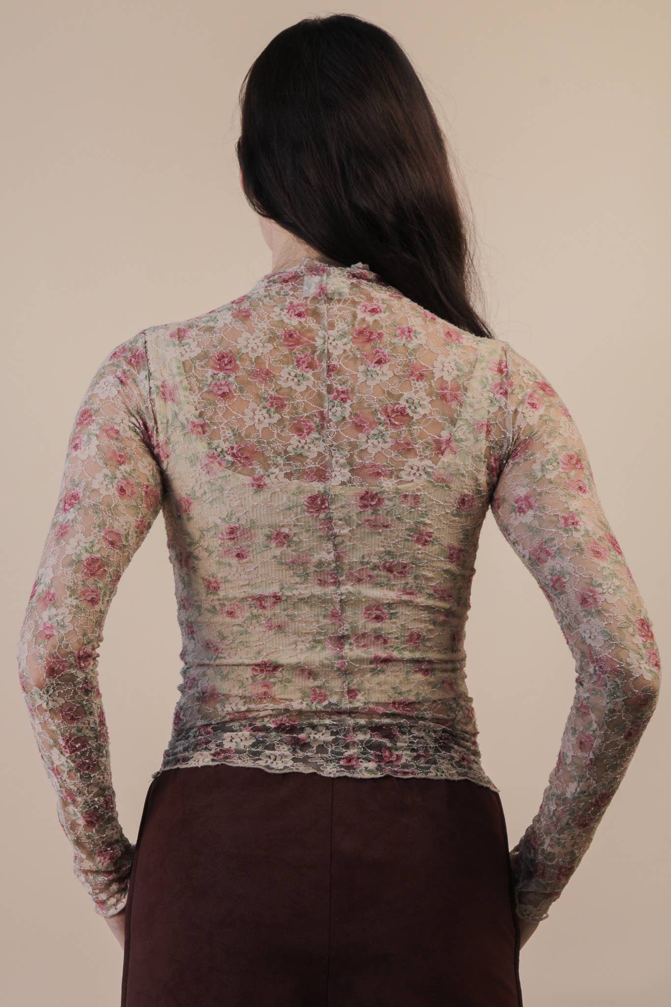 Fitted Sheer Mesh Lace Knit Top