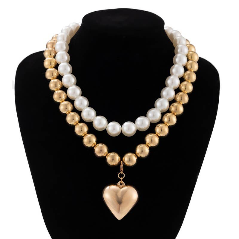 Pearl Heart Charm Beaded Necklace