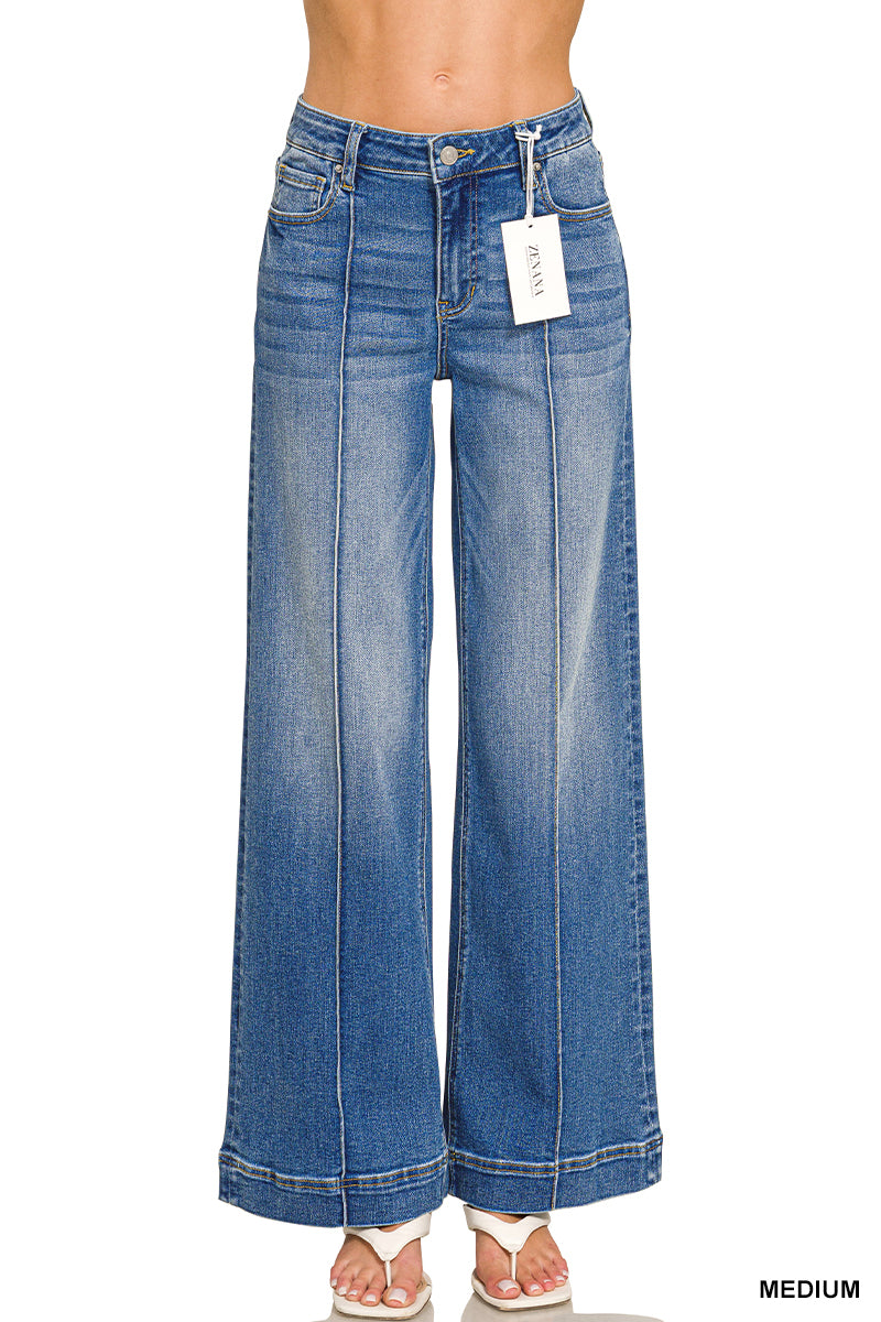 Wide Leg Pin-Tuck Denim Pants