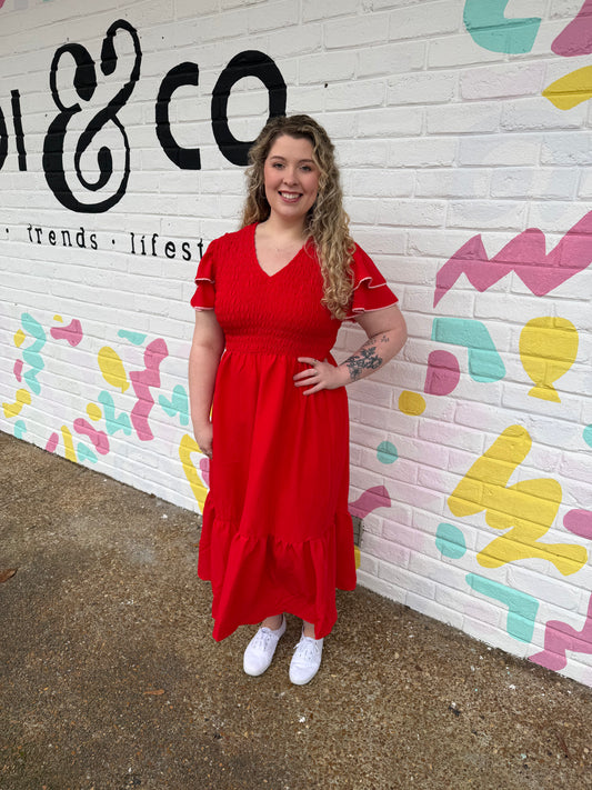 Smocked Ruffle Sleeve Midi Dress