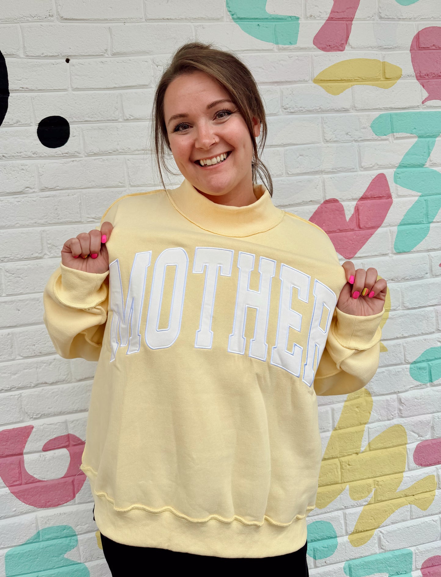 'Mother' Embroidered Mock Neck Sweatshirt