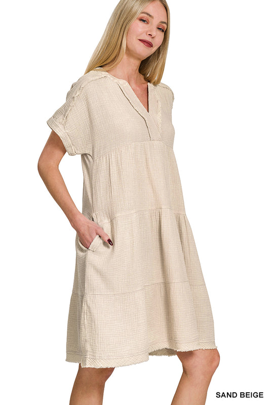 Raw Edge Tiered Gauze Dress