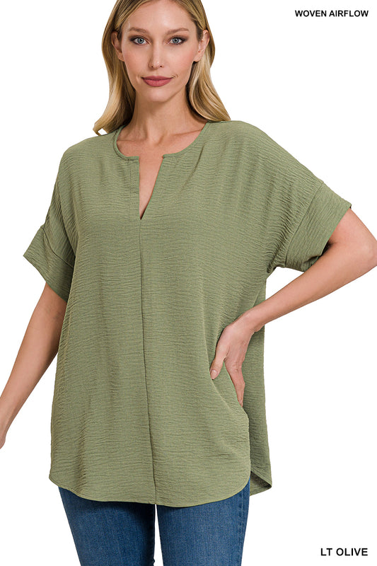 Woven Split Neck Short Sleeve Top