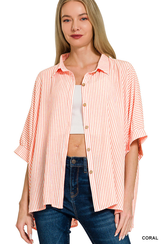 Coral Oversized Button Up Top
