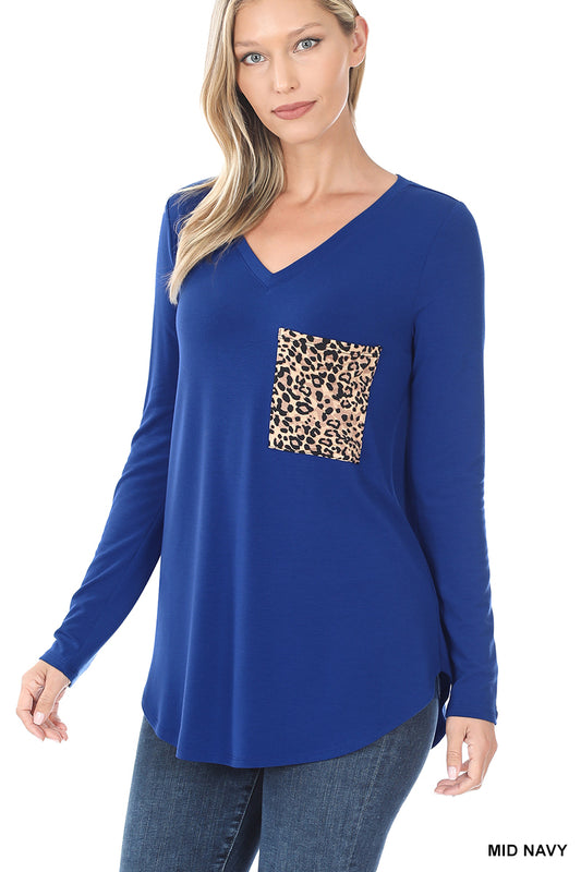 Leopard Front Pocket V-Neck Top