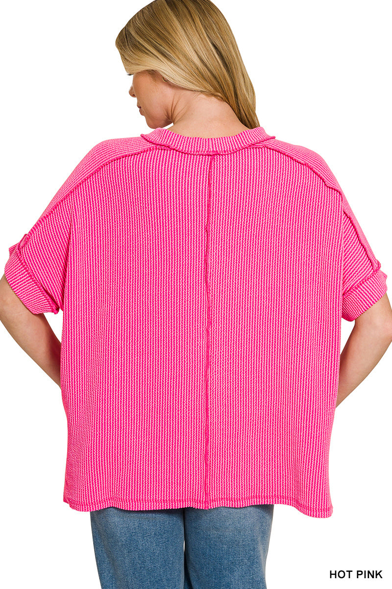 Ribbed Cuffed Short Sleeve Top