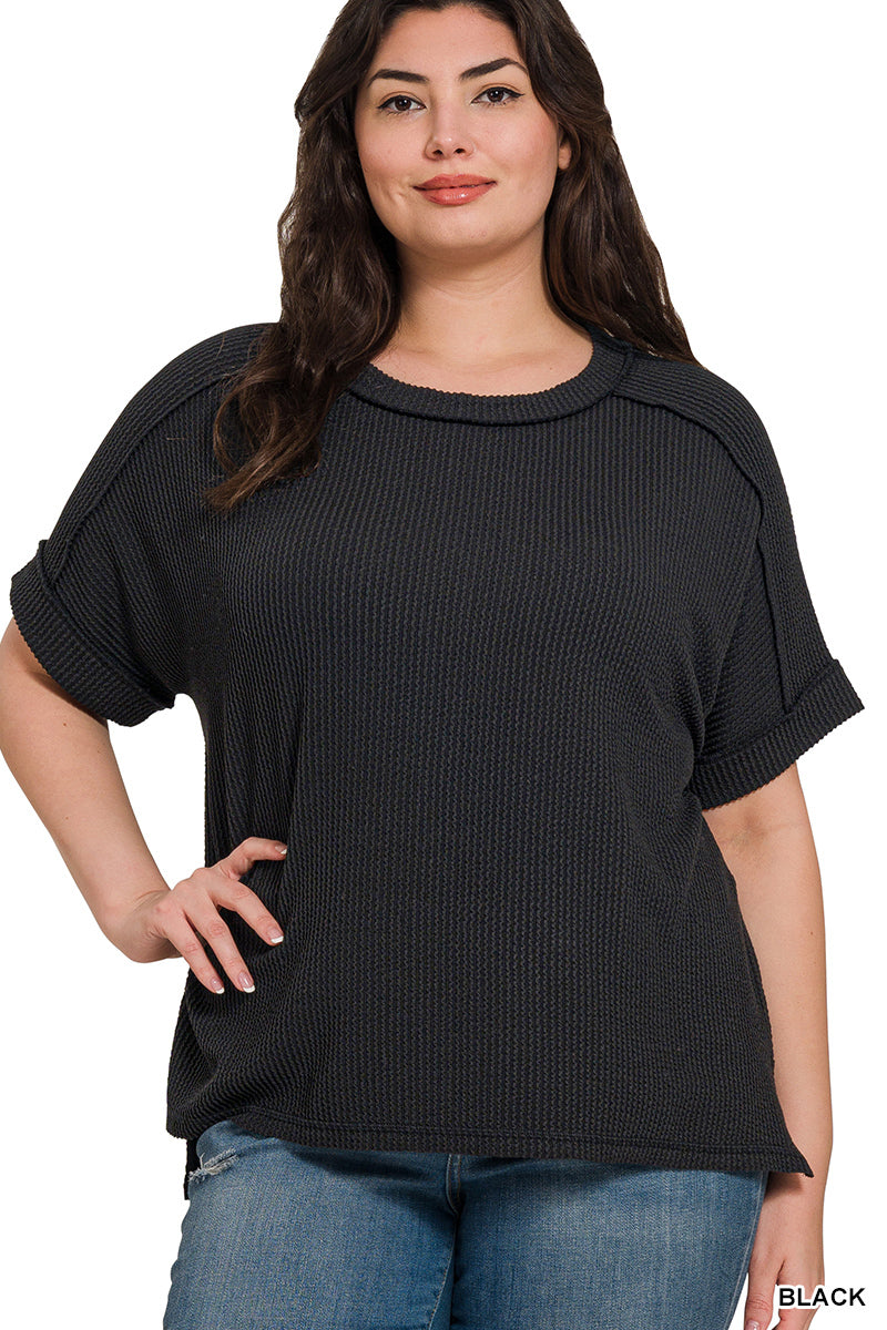 Ribbed Cuffed Short Sleeve Top