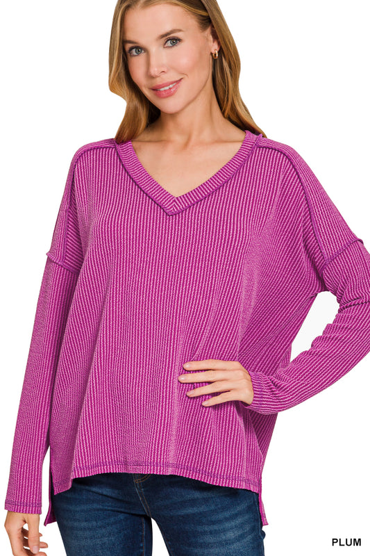 Ribbed Long Sleeve V-Neck Top