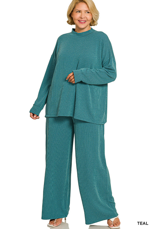 Mock Neck Long Sleeve Ribbed Pant Set